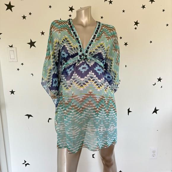 Seraphine Jewel Blue Patterned Maternity Swim Cover-Up Small - Picture 2 of 7